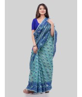 DESH BIDESH Women`s Phulkari Resham Dhakai jamdani Bengal Pure Cotton Handloom Saree Whole Body Design without Blouse Piece (Firoza Blue)